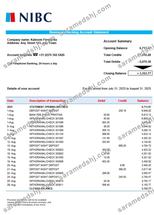 NIBC Bank business organization checking  statement Word and PDF format